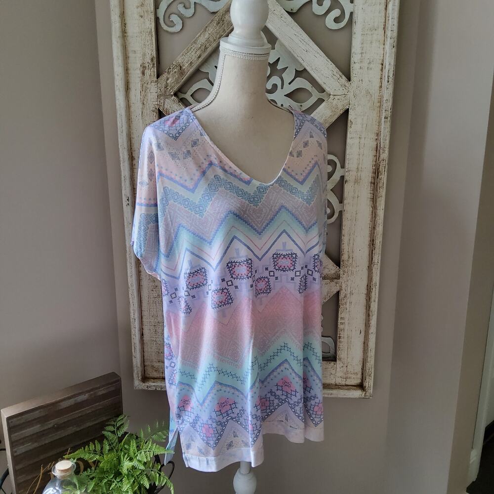 Lovely J Pastel Aztec Chevron Dolman Tee Boho Cottage Casual Oversized
